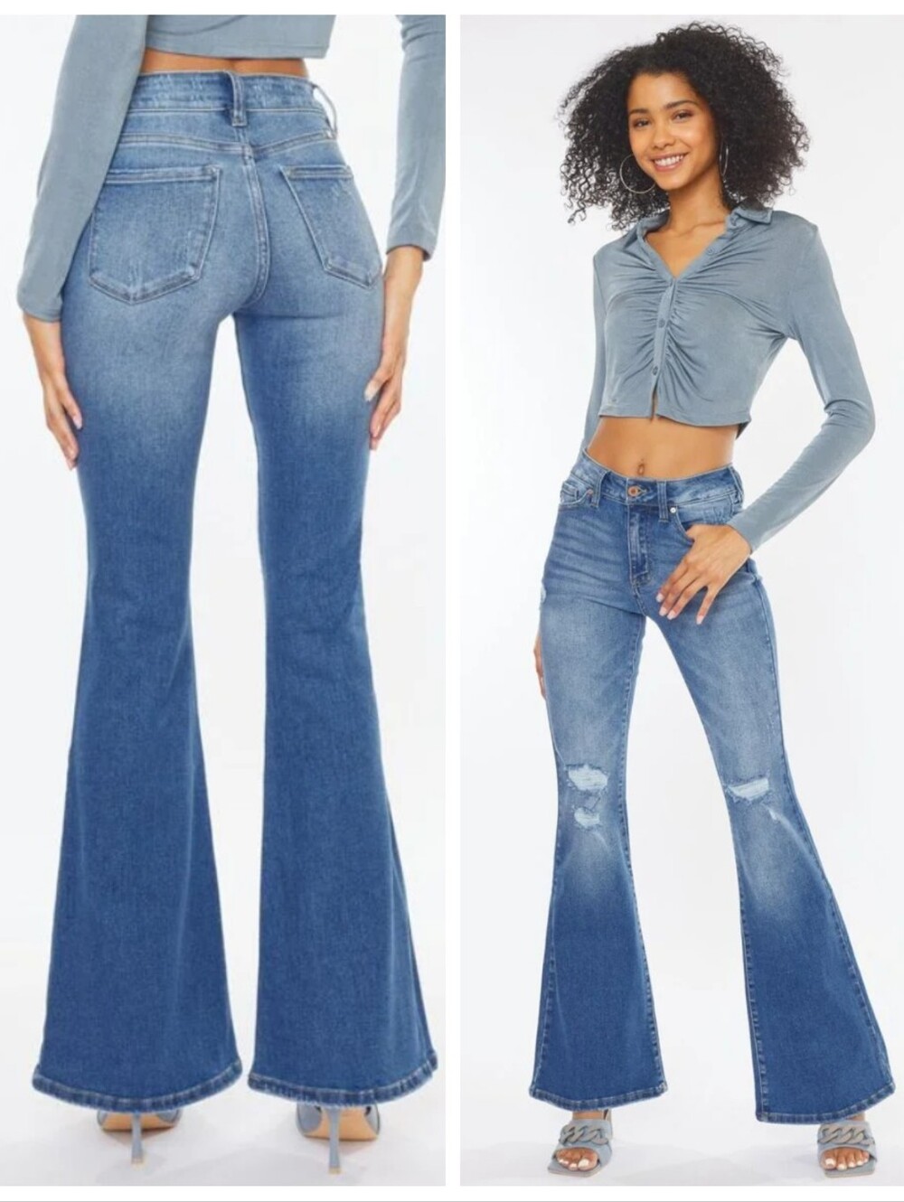 Kancan Solange High Rise Flare Women's 11/29 Bohemian Distressed Retro Stretch